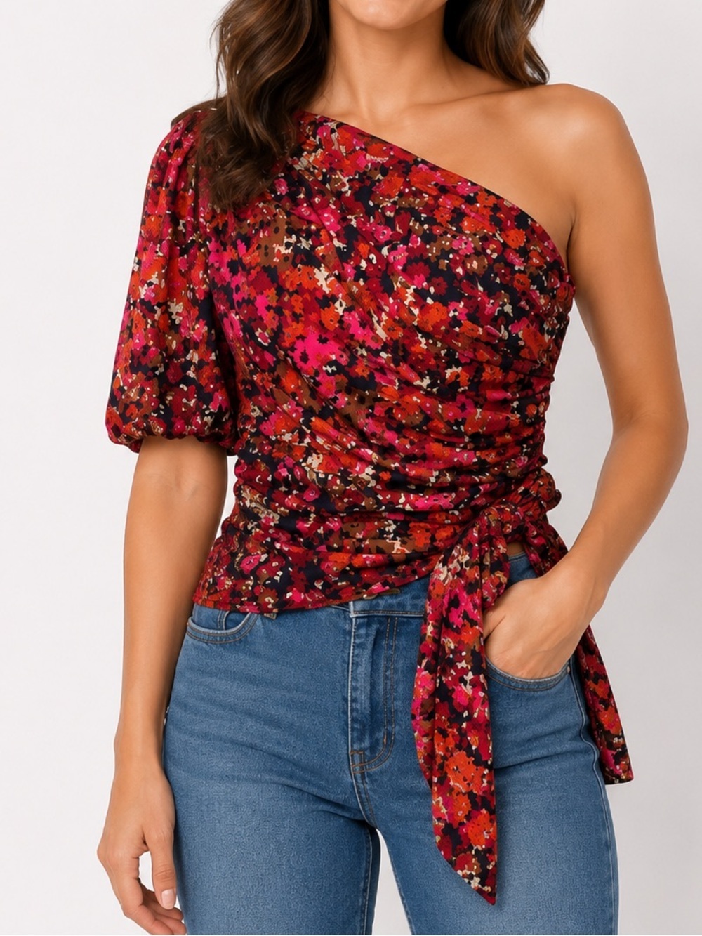 Amanda Uprichard Bexley Floral Print One Shoulder Crop Top Blouse Size Small